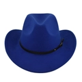 Close-up of bright blue felt hat featuring a black leather band with metal buckle detail - M (56-58cm) / Blue