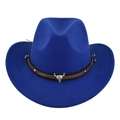 Koningsblauwe wollen vilten cowboyhoed met gevlochten lederen band en zilveren stier - M / Blauw
