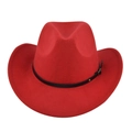 Detail view of red felt cowboy hat featuring a black leather belt with gold buckle - M (56-58cm) / Red