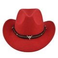 Detail of red wool cowboy hat featuring a silver bull skull ornament and metal rivets - M (56-58cm) / Red