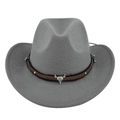 Grey felt western cowboy hat with vintage bull head skull buckle and leather band decoration - M (56-58cm) / Gray