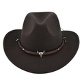 Detail of western cowboy hat featuring silver bull head skull and leather braided band - M (56-58cm) / Coffee