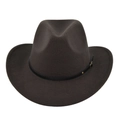 Detail view of coffee felt fedora with a black leather band and golden metal buckle - M (56-58cm) / Coffee