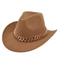 Detail van een bruine vilten cowboyhoed met een glanzende roségouden metalen ketting - M (56-58cm) / Donker Kaki (BF705-11)
