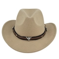 Detail of western cowboy hat with silver bull head skull buckle and braided rivet band - M (56-58cm) / Khaki