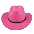 Detailed close-up of rose pink felt cowboy hat with black leather belt and metal buckle - M (56-58cm) / Rose Red