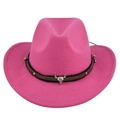 Detailed view of pink wool cowboy hat with silver bull head charm and studs decoration - M (56-58cm) / Rose Red