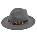 Classic grey wool fedora hat with a leopard print band and a gold stud detail - M (56-58cm) / Gray