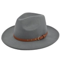 Σκούρο γκρι μάλλινο καπέλο Fedora με καφέ δερμάτινη ζώνη και χρυσή μεταλλική αγκράφα - M(56-58cm) / Γκρι