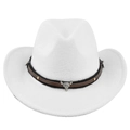 Detailed close-up of white wool felt cowboy hat featuring silver bull head skull buckle - M (56-58cm) / White