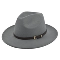 Classic grey wool fedora hat with brown leather band and gold buckle on white background - M (56-58cm) / Gray