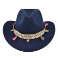Sombrero vaquero de lana azul marino con banda tejida bohemia y borlas de conchas - M(56-58cm) / Azul marino