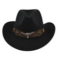 Black wool felt cowboy hat with silver bull skull buckle and brown leather band - M (56-58cm) / Black