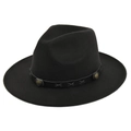 Detail of vintage felt fedora hat featuring a leather band and gold metal hardware ornament - M (56-58cm) / Black