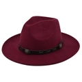 Macro detail of wine red felt fedora with brown leather band and metal buckle accents - M (56-58cm) / Burgundy