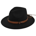 Detail view of black wool fedora hat featuring a brown leather band and metal buckle - M (56-58cm) / Black