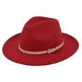 Detail of red wool fedora hat with pink leather strap and gold metal buckle - M (56-58cm) / Red