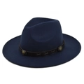 Close-up of wool felt fedora with a leather band and vintage metal ornaments - M (56-58cm) / Navy Blue