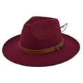 Classic burgundy wool felt fedora with a brown leather band and metallic buckle detail - M (56-58cm) / Burgundy