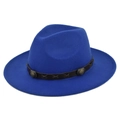 Detail of royal blue wool fedora hat with brown leather band and metal rivets decoration - M (56-58cm) / Blue