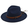 Detail view of navy wool fedora hat with brown leather belt and metallic buckle - M (56-58cm) / Navy Blue