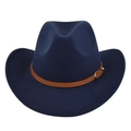 Detail of navy blue felt cowboy hat with brown faux leather band and golden buckle - M(56-58cm) / Navy Blue