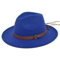 Detail showing blue wool fedora hat with brown leather strap and silver metal ring - M (56-58cm) / Blue
