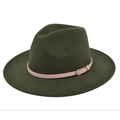 Detailed close-up of dark olive wool fedora with pink leather band and gold buckle - M (56-58cm) / Army Green