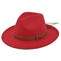 Detailed view of red wool felt fedora featuring a brown leather belt with metal buckle - M (56-58cm) / Red