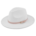 Detail of white wool fedora hat featuring a pink leather band and gold metal buckle - M (56-58cm) / White