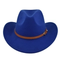 Close-up of the royal blue felt fedora hat featuring a brown leather belt with golden buckle - M(56-58cm) / Blue