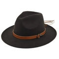 Detail shot of felt fedora hat with brown leather belt, metal buckle, and tassel accents - M (56-58cm) / Coffee