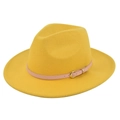 Detail of ginger wool fedora hat featuring pink faux leather belt and gold metal buckle - M (56-58cm) / Yellow