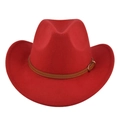 Detail of red felt cowboy hat with a brown leather belt and golden metal buckle - M(56-58cm) / Red