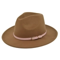 Detailed view of camel wool fedora hat featuring a pink leather belt with golden buckle - M (56-58cm) / Dark Khaki