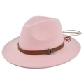 Detailed view of pink wool fedora hat with brown leather band and metal ring tassel - M (56-58cm) / Pink