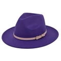 Detailed view of dark purple fedora hat with light pink leather belt and golden buckle - M (56-58cm) / Purple