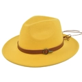 Detail of ginger yellow wool fedora hat with brown leather belt and metal buckle - M (56-58cm) / Yellow