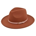 Detailed close-up of a caramel felt fedora hat with a pink leather strap and gold buckle - M (56-58cm) / Rust red