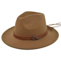 Close-up of camel wool fedora hat featuring a brown leather belt and dark grey metal ring - M (56-58cm) / Dark Khaki