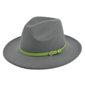 Classic grey wool fedora hat featuring a vibrant green leather band and golden buckle - M (56-58cm) / Gray