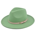 Detail of mint green fedora wool hat with pink leather belt and gold metal buckle - M (56-58cm) / Verdant