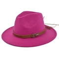Close-up of rose red fedora hat with brown leather belt and silver buckle detail - M (56-58cm) / Rose Red