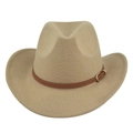 Detail of khaki felt cowboy hat featuring brown leather band and gold metal buckle - M(56-58cm) / Khaki