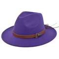 Close-up of purple fedora hat with brown leather band and decorative metal ring detail - M (56-58cm) / Purple