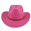 Detail of rose pink felt cowboy hat showing wool texture and brown leather belt buckle - M(56-58cm) / Rose Red