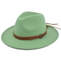 Detail of mint green wool felt fedora featuring a brown leather band and metal ring - M (56-58cm) / Verdant