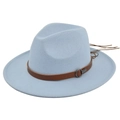 Detail of sky blue wool felt fedora with brown faux leather belt and fringe accents - M (56-58cm) / Sky Blue