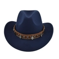 Detail van navy wollen cowboyhoed met etnisch borduurwerk en zilveren munthangers versiering - M (56-58cm) / Marineblauw
