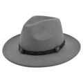 Cappello fedora in lana grigia a tesa larga con fascia in pelle marrone e borchie - M (56-58cm) / Grigio